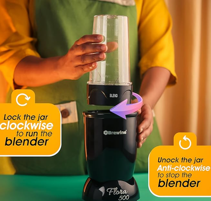 Brewine Flora 500 Nutri Blender | 500W Powerful Copper Motor | 3 Multipurpose Cups | 2-Year Warranty | Smoothies, Spices & Baby Food Maker (Black, 500 Watts Black)