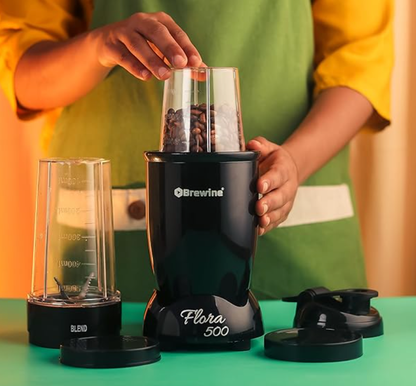 Brewine Flora 500 Nutri Blender | 500W Powerful Copper Motor | 3 Multipurpose Cups | 2-Year Warranty | Smoothies, Spices & Baby Food Maker (Black, 500 Watts Black)