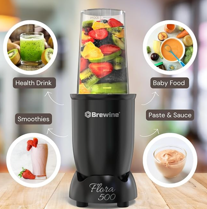Brewine Flora 500 Nutri Blender | 500W Powerful Copper Motor | 3 Multipurpose Cups | 2-Year Warranty | Smoothies, Spices & Baby Food Maker (Black, 500 Watts Black)