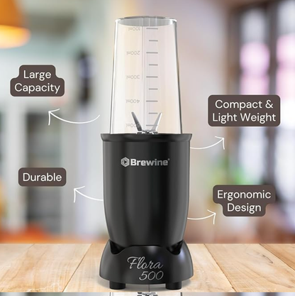 Brewine Flora 500 Nutri Blender | 500W Powerful Copper Motor | 3 Multipurpose Cups | 2-Year Warranty | Smoothies, Spices & Baby Food Maker (Black, 500 Watts Black)