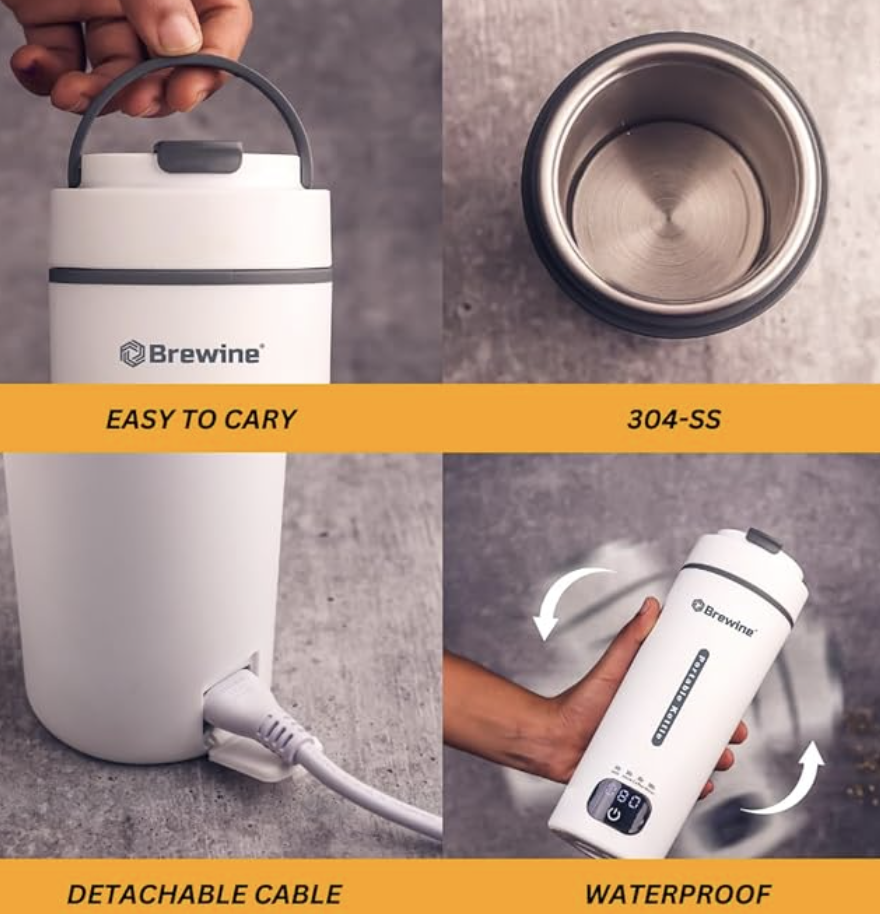 Brewine Plastic Portable Kettle,450 ML,White, Multi-Temp-Setting,Auto Cut-Off, Digital Display, Touch Button, Wide Voltage Range 110-230V Suitable For India, USA & Canada, 300 Watt