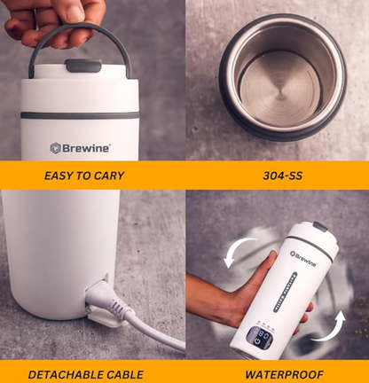 Brewine Plastic Portable Kettle,450 ML,White, Multi-Temp-Setting,Auto Cut-Off, Digital Display, Touch Button, Wide Voltage Range 110-230V Suitable For India, USA & Canada, 300 Watt