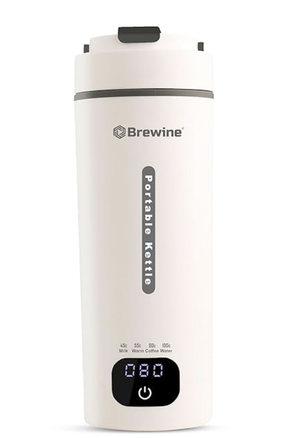 Brewine Plastic Portable Kettle,450 ML,White, Multi-Temp-Setting,Auto Cut-Off, Digital Display, Touch Button, Wide Voltage Range 110-230V Suitable For India, USA & Canada, 300 Watt