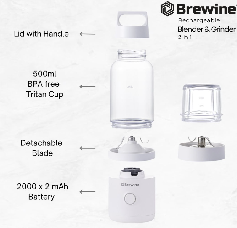 Brewine 2-in-1 Portable Blender & Grinder, USB Rechargeable, 75W Motor, 2000 x 2mAh Battery, 500ml Tritan Cup for Smoothies, Ice, Shakes, 304 SUS Blades, 20g Glass Grinder for Baby Food & Dry Grinding