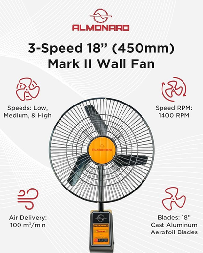 Almonard 18" (450Mm) Mark-Ii Wall Fan - Wall Mounted Fan For Home & Kitchen W/ 3 Speed Settings & Cast Aluminum Metal Blades - 90 Degree Oscillating High Speed Wall Fan With Adjustable Tilt - Black