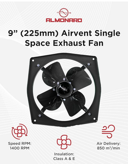 Almonard Exhaust Fan 9 Inch (225mm) - Air Vent Home & Kitchen With 4 Leaf Blades, 1400 RPM, Motor Capacitor, & Dual Ball Bearings - Powerful Suction