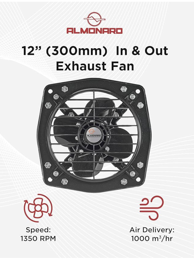 Almonard Exhaust Fan 12 Inch (300mm) - Reversible In & Out 2 Way for Bedroom & Kitchen With 4 Leaf Blades, 1350 RPM, Motor Capacitor - Window & Wall Mounted 300mm
