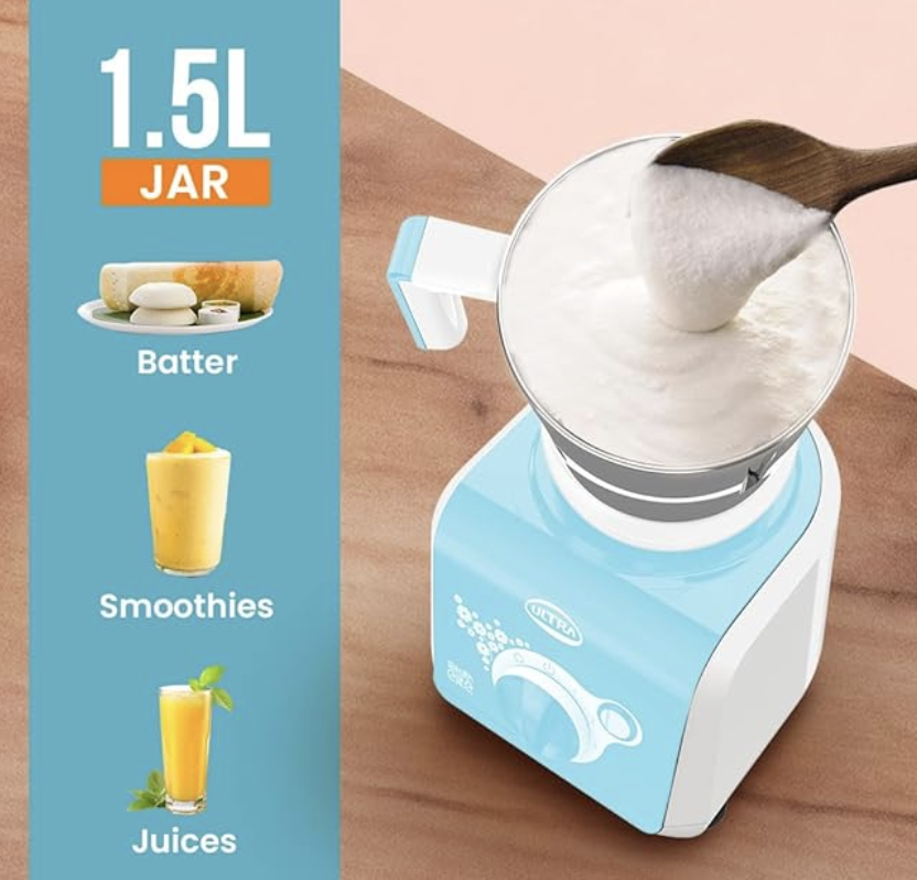 Stealth Elite MixerGrinder,750W,AISI304 FoodGradeSSJars &Blades,Serrated Stainless Steel Blades,ABS Body,3Jars Small (0.5L),Medium (0.8L), Large(1.5L),5Year MotorWarranty(Granite Black) (SKY BLUE)