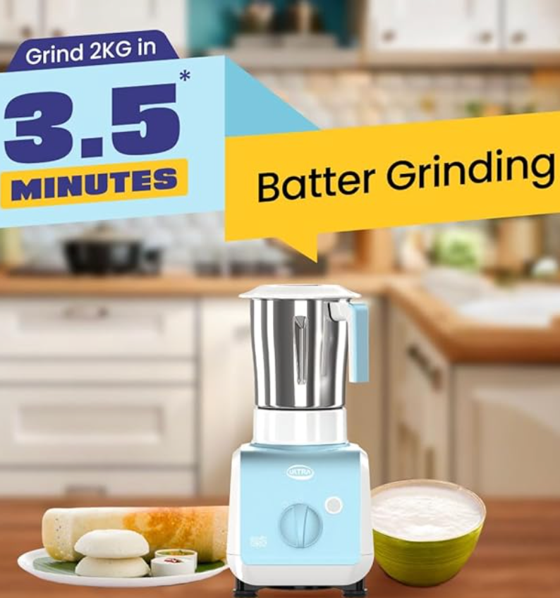 Stealth Elite MixerGrinder,750W,AISI304 FoodGradeSSJars &Blades,Serrated Stainless Steel Blades,ABS Body,3Jars Small (0.5L),Medium (0.8L), Large(1.5L),5Year MotorWarranty(Granite Black) (SKY BLUE)