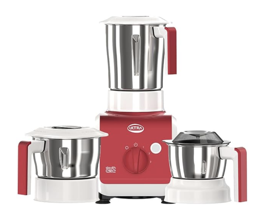 ULTRA Stealth Elite MixerGrinder 750W AISI304 Food Grade SS Jars &Blades Serrated Stainless Steel Blades ABS Body 3Jars Small (0.5L) Medium (0.8L) Large (1.5L) 5 Year Motor Warranty (Metallic Red)
