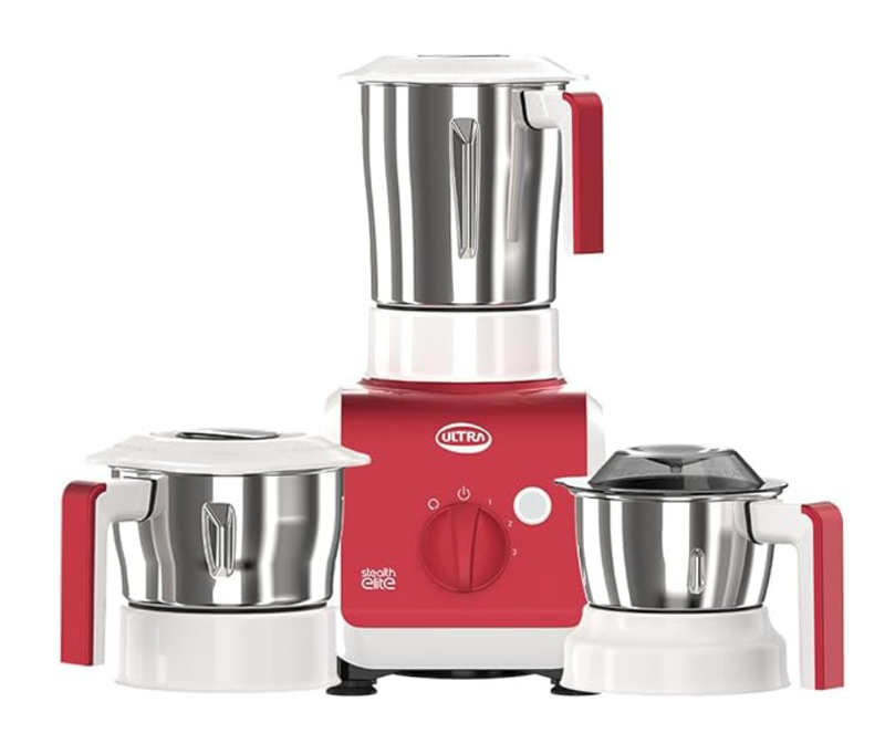 ULTRA Stealth Elite MixerGrinder 750W AISI304 Food Grade SS Jars &Blades Serrated Stainless Steel Blades ABS Body 3Jars Small (0.5L) Medium (0.8L) Large (1.5L) 5 Year Motor Warranty (Metallic Red)-1