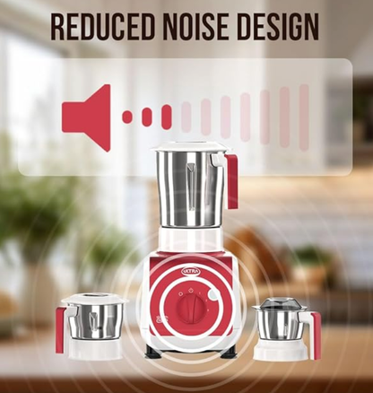 ULTRA Stealth Elite MixerGrinder 750W AISI304 Food Grade SS Jars &Blades Serrated Stainless Steel Blades ABS Body 3Jars Small (0.5L) Medium (0.8L) Large (1.5L) 5 Year Motor Warranty (Metallic Red)