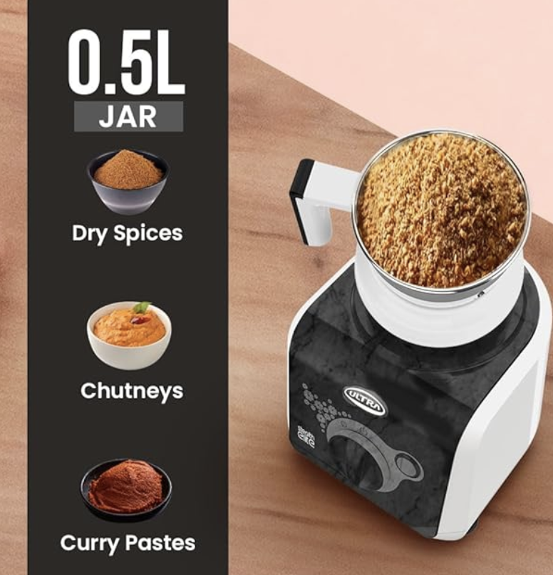 Stealth Elite MixerGrinder 750W AISI304 Food Grade SS Jars &Blades Serrated Stainless Steel Blades ABS Body 3Jars Small (0.5L) Medium (0.8L) Large (1.5L) 5 Year Motor Warranty (Granite Black)