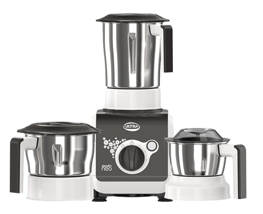 ULTRA Stealth neo MixerGrinder,750W,AISI304 Food Grade SS Jars &Blades,Serrated Stainless Steel Blades,Lesser noise,ABS Body,3Jars Small (0.5L),Medium (0.8L), Large(1.5L), 5Year Motor Warranty