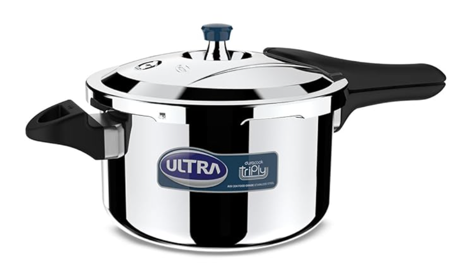अल्ट्रा ड्यूराकूक ट्रिपली प्रेशर कुकर 5.5 लीटर | AISI 304 फ़ूड ग्रेड स्टेनलेस स्टील कुकर | 5 साल की वारंटी | इंजेक्शन मोल्डेड हैंडल | इंडक्शन कम्पैटिबल चौड़ा बेस | नॉन-स्टिक फ़िनिश 