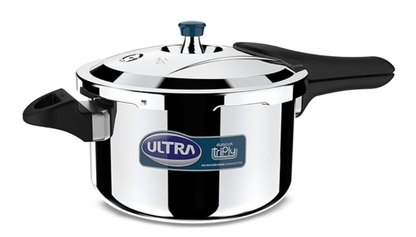 अल्ट्रा ड्यूराकूक ट्रिपली प्रेशर कुकर 5.5 लीटर | AISI 304 फ़ूड ग्रेड स्टेनलेस स्टील कुकर | 5 साल की वारंटी | इंजेक्शन मोल्डेड हैंडल | इंडक्शन कम्पैटिबल चौड़ा बेस | नॉन-स्टिक फ़िनिश 