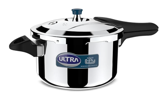 अल्ट्रा ड्यूराकूक ट्रिपली प्रेशर कुकर 5.5 लीटर | AISI 304 फ़ूड ग्रेड स्टेनलेस स्टील कुकर | 5 साल की वारंटी | इंजेक्शन मोल्डेड हैंडल | इंडक्शन कम्पैटिबल चौड़ा बेस | नॉन-स्टिक फ़िनिश 