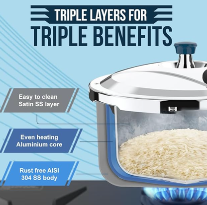 अल्ट्रा ड्यूराकूक ट्रिपली प्रेशर कुकर 5.5 लीटर | AISI 304 फ़ूड ग्रेड स्टेनलेस स्टील कुकर | 5 साल की वारंटी | इंजेक्शन मोल्डेड हैंडल | इंडक्शन कम्पैटिबल चौड़ा बेस | नॉन-स्टिक फ़िनिश 