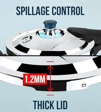 अल्ट्रा ट्रिपली क्रोनो प्रेशर कुकर 2 लीटर | सीटी काउंटर | स्पिलेज कंट्रोल | AISI 304 फ़ूड ग्रेड स्टेनलेस स्टील कुकर | 5 साल की वारंटी, इंजेक्शन मोल्डेड हैंडल और इंडक्शन कम्पैटिबल 