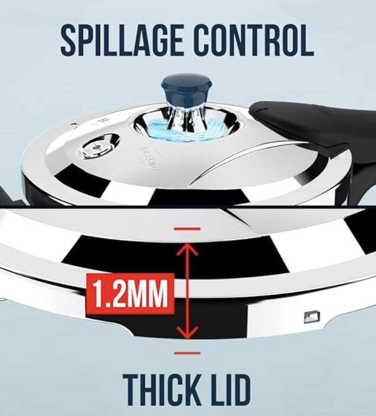 अल्ट्रा ट्रिपली क्रोनो प्रेशर कुकर 1.5 लीटर | सीटी काउंटर | स्पिलेज कंट्रोल | AISI 304 फ़ूड ग्रेड स्टेनलेस स्टील कुकर | 5 साल की वारंटी, इंजेक्शन मोल्डेड हैंडल और इंडक्शन कम्पैटिबल 