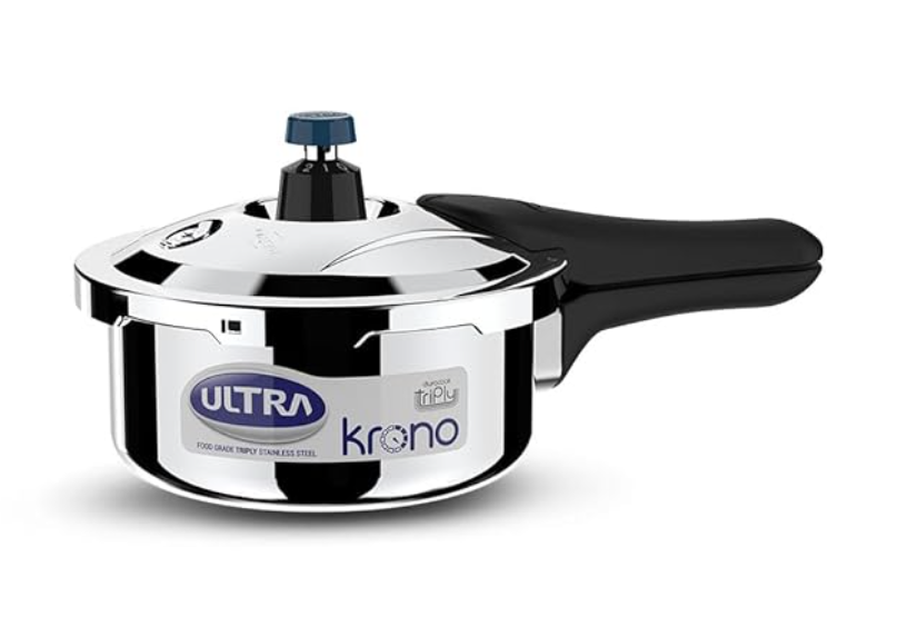 Ultra Triply Krono Pressure Cooker 2 Litre | Whistle Counter | Spillage Control | AISI 304 Food Grade Stainless Steel Cooker | 5 Years Warranty, Injection Moulded Handles & Induction Compatible