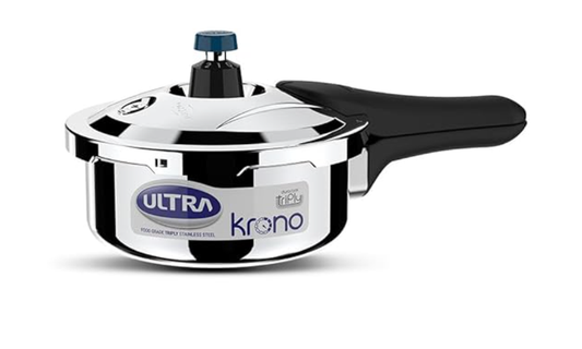 अल्ट्रा ट्रिपली क्रोनो प्रेशर कुकर 1.5 लीटर | सीटी काउंटर | स्पिलेज कंट्रोल | AISI 304 फ़ूड ग्रेड स्टेनलेस स्टील कुकर | 5 साल की वारंटी, इंजेक्शन मोल्डेड हैंडल और इंडक्शन कम्पैटिबल 