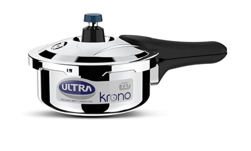 Ultra Triply Krono Pressure Cooker 1.5 Litre | Whistle Counter | Spillage Control | AISI 304 Food Grade Stainless Steel Cooker | 5 Years Warranty, Injection Moulded Handles & Induction Compatible