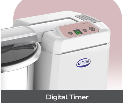 अल्ट्रा मिनी टी 1.25 लीटर टेबल टॉप वेट ग्राइंडर - सफ़ेद | डिजिटल टाइमर - तेज़ पीसने वाले शंक्वाकार पत्थर, 85W पावर और 5 साल की वारंटी | AISI 304 फ़ूड-ग्रेड SS मल्टी यूटिलिटी सिलिंड्रिकल ड्रम, CE प्रमाणित