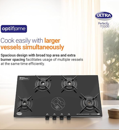 अल्ट्रा ऑप्टिफ्लेम 70%+ कुशल ग्लास टॉप गैस स्टोव 4 फोर्ज्ड पीतल बर्नर, बर्नर पर 10 साल की वारंटी, मैनुअल इग्निशन, आईएसआई प्रमाणित। आसान सफाई के लिए अद्वितीय पैन सपोर्ट और बर्नर लॉकिंग, विशाल डिज़ाइन। 