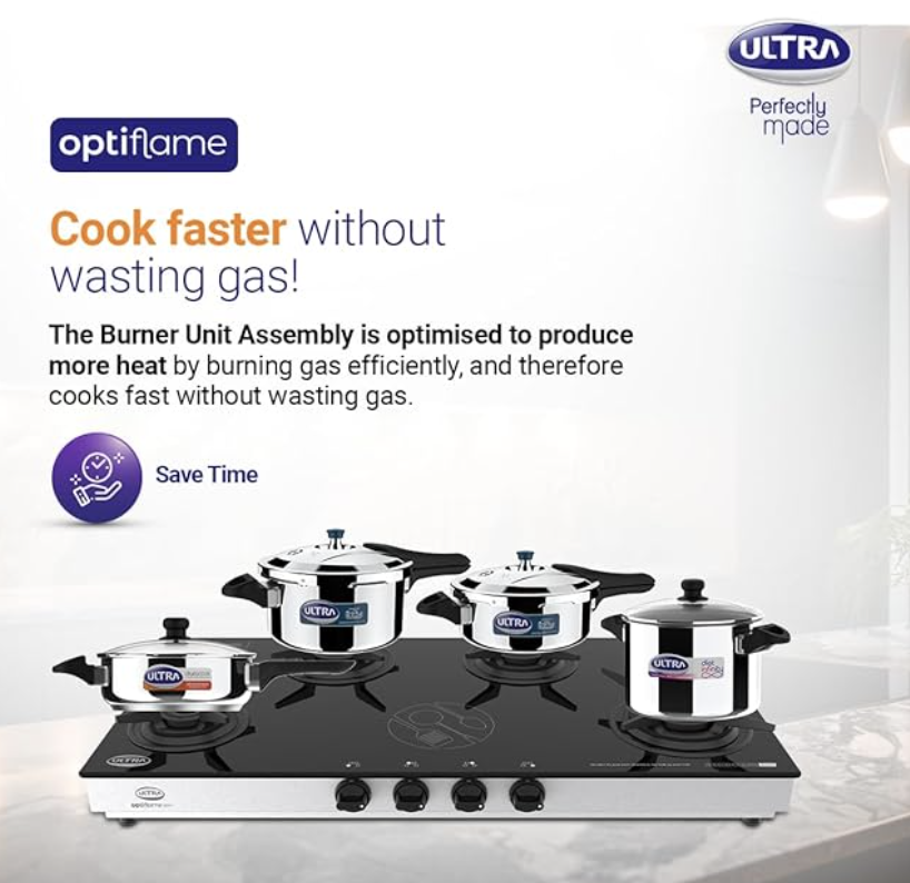 अल्ट्रा ऑप्टिफ्लेम 70%+ कुशल ग्लास टॉप गैस स्टोव 4 फोर्ज्ड पीतल बर्नर, बर्नर पर 10 साल की वारंटी, मैनुअल इग्निशन, आईएसआई प्रमाणित। आसान सफाई के लिए अद्वितीय पैन सपोर्ट और बर्नर लॉकिंग, विशाल डिज़ाइन। 