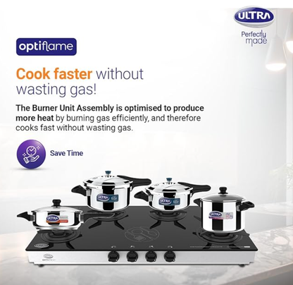 अल्ट्रा ऑप्टिफ्लेम 70%+ कुशल ग्लास टॉप गैस स्टोव 4 फोर्ज्ड पीतल बर्नर, बर्नर पर 10 साल की वारंटी, मैनुअल इग्निशन, आईएसआई प्रमाणित। आसान सफाई के लिए अद्वितीय पैन सपोर्ट और बर्नर लॉकिंग, विशाल डिज़ाइन। 