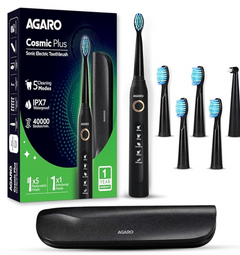 AGARO COSMIC PLUS Sonic Electric Tooth Brush For Adults With 5 Modes, 5 Brush Heads, 1 Interdental Head, Carry Case & Rechargeable With 4 Hours Charge Lasting Up To 25 Days, Power Toothbrush, (Black)-1