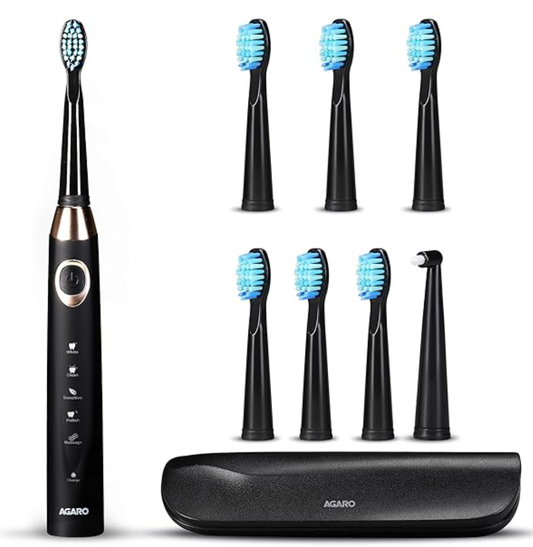 AGARO COSMIC MAX Sonic Electric tooth brush for adults with 5 modes, 7 brush heads, 1 Interdental head and rechargeable with 4 hours charge lasting up to 25 days (Black)