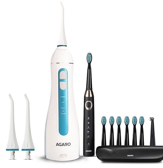 AGARO Cosmic Max Sonic Tooth Brush Black & Ultra Portable Oral Irigator 200 ML White & Blue, Combo