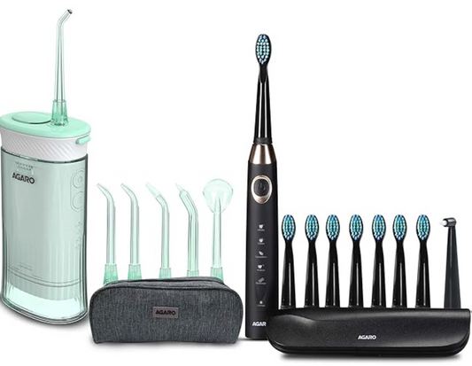 AGARO Cosmic Max Sonic Toothbrush Black & Ultra Travel Portable Oral Irigator 180 ML Black, Combo