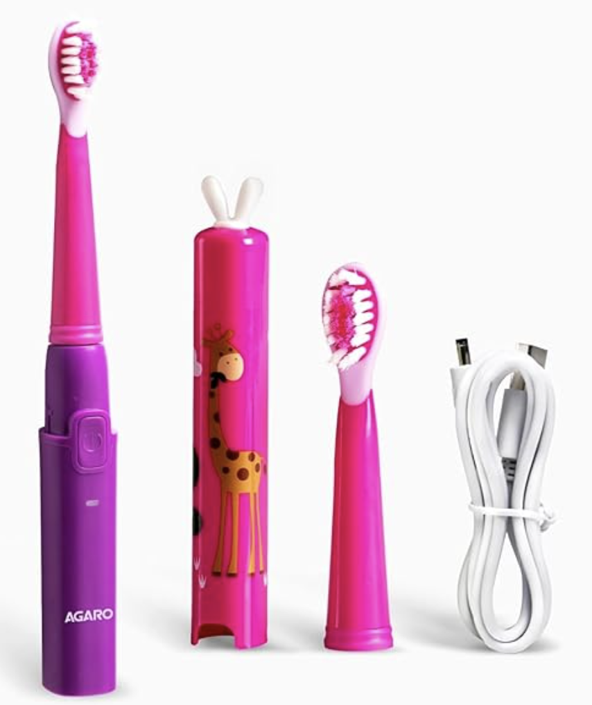 AGARO REX Sonic Kids Electric Toothbrush, 3 Brushing Modes, 2 Brush Heads, 38000 Strokes/Min, IPX7 Water Resistant, Soft Bristles, Rechargeable Battery Lasts Up To 21 Days, Power Tooth brush, (Purple)