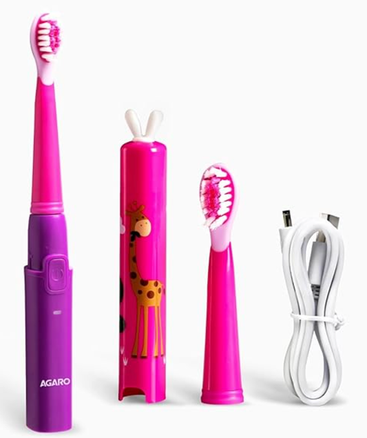 AGARO REX सोनिक किड्स इलेक्ट्रिक टूथब्रश, 3 ब्रशिंग मोड, 2 ब्रश हेड, 38000 स्ट्रोक/मिनट, IPX7 वाटर रेसिस्टेंट, सॉफ्ट ब्रिसल्स, रिचार्जेबल बैटरी 21 दिनों तक चलती है, पावर टूथब्रश, (बैंगनी) 