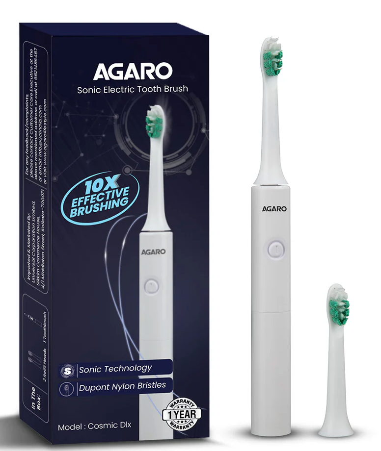 AGARO Cosmic Dlx Sonic AAA Battery Electric Toothbrush For Adults, Power Toothbrush, Soft Nylon Bristles, AAA Battery, White-1