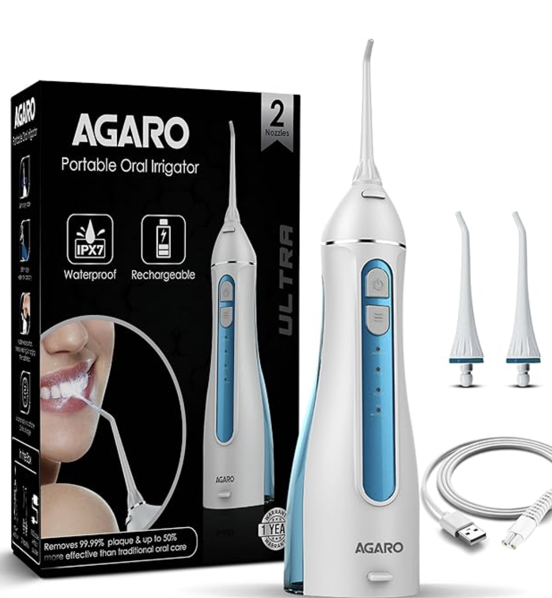 AGARO Oral Irrigator, Portable, Cordless & Rechargeable, 4 Cleaning Modes, IPX7 Waterproof with 200ml Watertank, Flossing at Home & Travel, Oral Flosser