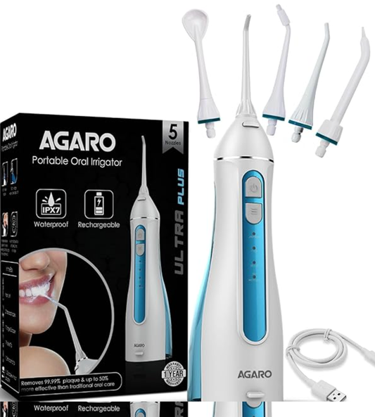 AGARO अल्ट्रा प्लस पोर्टेबल डेंटल फ़्लॉसर दांतों के लिए, 5 नोज़ल, पोर्टेबल, कॉर्डलेस और रिचार्जेबल, 4 सफाई मोड, IPX7 वाटरप्रूफ़, 200ml वाटर टैंक के साथ, घर और यात्रा में फ़्लॉसिंग, ओरल फ़्लॉसर, ओरल इरिगेटर 