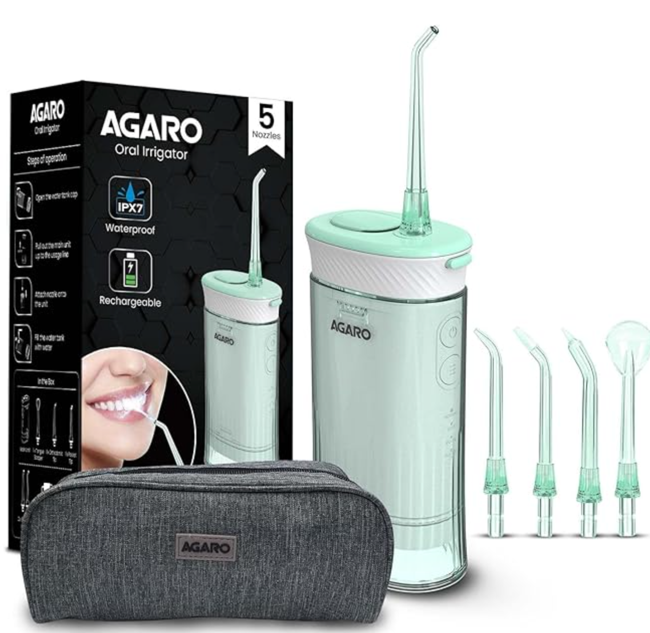 AGARO Ultra Travel Dental Flosser for teeth,Portable,Cordless,Rechargeable,4 Cleaning Modes, IPX7 Waterproof,180ml Water tank,Flossing at Home & Travel, Oral Flosser,Oral Irrigator, Sea Green