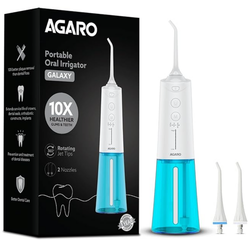 AGARO Galaxy Oral Irrigator, Portable, Cordless, Rechargeable, 3 Cleaning Modes, 6 Pressure Levels in Each Mode, IPX7 Waterproof, 230ml Water tank, Flossing at Home & Travel, White & Blue-1