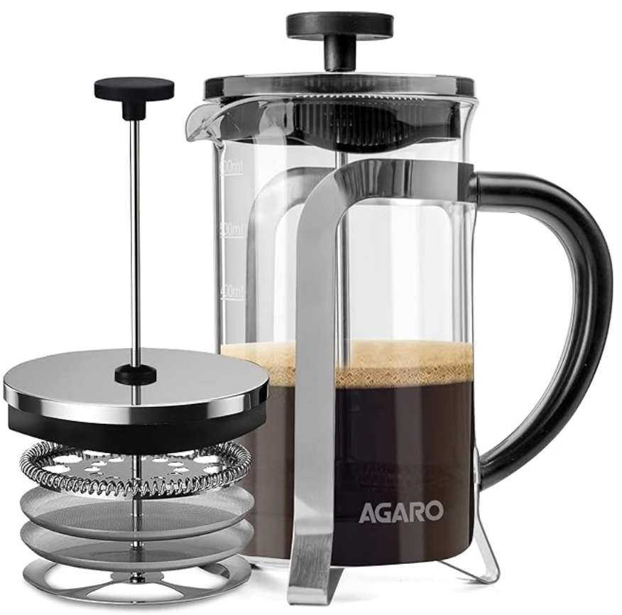 AGARO क्लासिक फ्रेंच प्रेस कॉफ़ी और चाय मेकर, स्लीव्स के साथ बोरोसिलिकेट ग्लास बॉडी, ग्लास कैरफ़, BPA मुक्त प्लास्टिक ढक्कन स्ट्रेनर, 600ml 