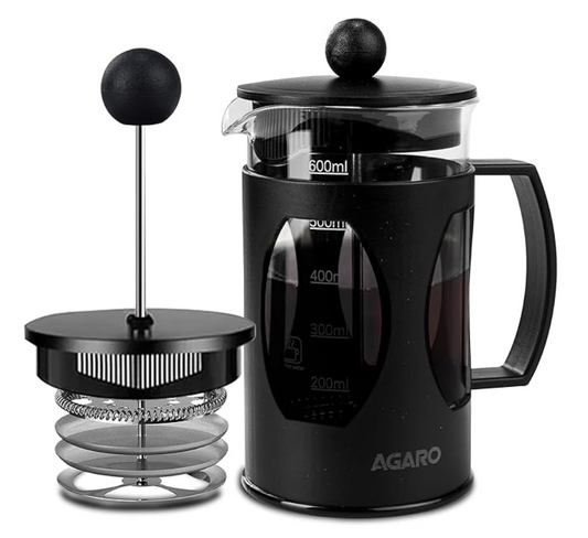 AGARO एलीट फ्रेंच प्रेस कॉफ़ी और चाय मेकर, स्लीव्स के साथ बोरोसिलिकेट ग्लास बॉडी, ग्लास कैरफ़, BPA मुक्त प्लास्टिक ढक्कन स्ट्रेनर, 600ml 