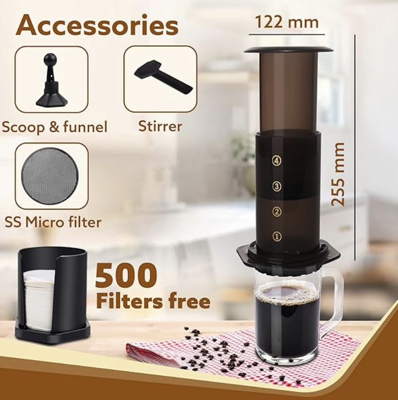 AGARO रीजेंसी मैनुअल प्रेस कॉफ़ी एस्प्रेसो मेकर, ट्रैवल कॉफ़ी मेकर, पोर्टेबल, बोनस 500 पेपर फ़िल्टर 