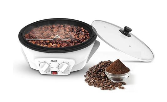AGARO Regal Coffee Roaster, 750 Grams Capacity, 283mm Dia, Ceramic Coated Inner Pan, 3 Roasting Effect With Adjustable Temperature & Timer, 1200W, Stainless Steel Blade, Toughened Glass Lid, White