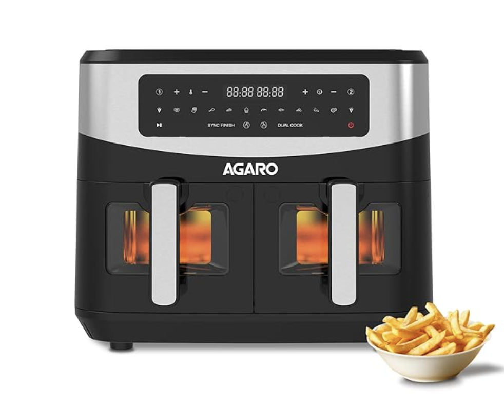AGARO Imperial Dual Basket Digital Air Fryer, 9L Capacity (4.5L x 2), 10 Preset Cooking Modes, 360 Degree Air Circulation, Convection, Digital Display, 2400W, Bake, Roast, Toast & Dehydrate