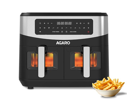 AGARO Imperial Dual Basket Digital Air Fryer, 9L Capacity (4.5L x 2), 10 Preset Cooking Modes, 360 Degree Air Circulation, Convection, Digital Display, 2400W, Bake, Roast, Toast & Dehydrate