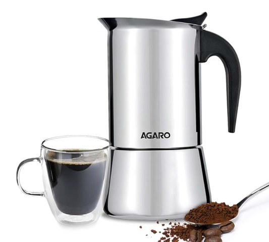 AGARO रॉयल मोका पॉट, स्टोवटॉप और इंडक्शन कुकटॉप क्लासिक एस्प्रेसो और कॉफ़ी मेकर, 200 मिली, स्टेनलेस स्टील निर्मित, इटैलियन स्टाइल मोका, क्यूबन कैफ़े ब्रूइंग, सिल्वर 