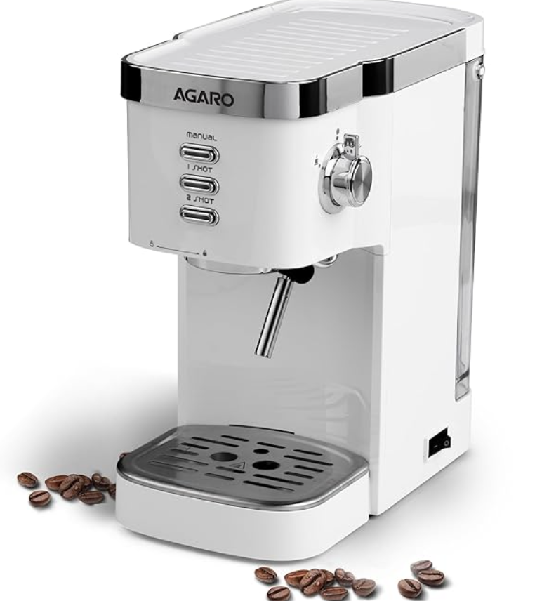AGARO Regency Espresso Coffee Maker, Adjustable Pressure up to 20 Bars, Cappuccino Coffee Maker with Adjustable Foaming Milk Frother Wand for Steam Espresso, 1.2L Removable Water Tank, 1350W, White